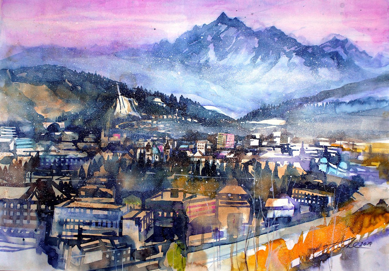 Tirol, Innsbruck, Panorama mit Bergisel, Aquarell - Johann Pickl