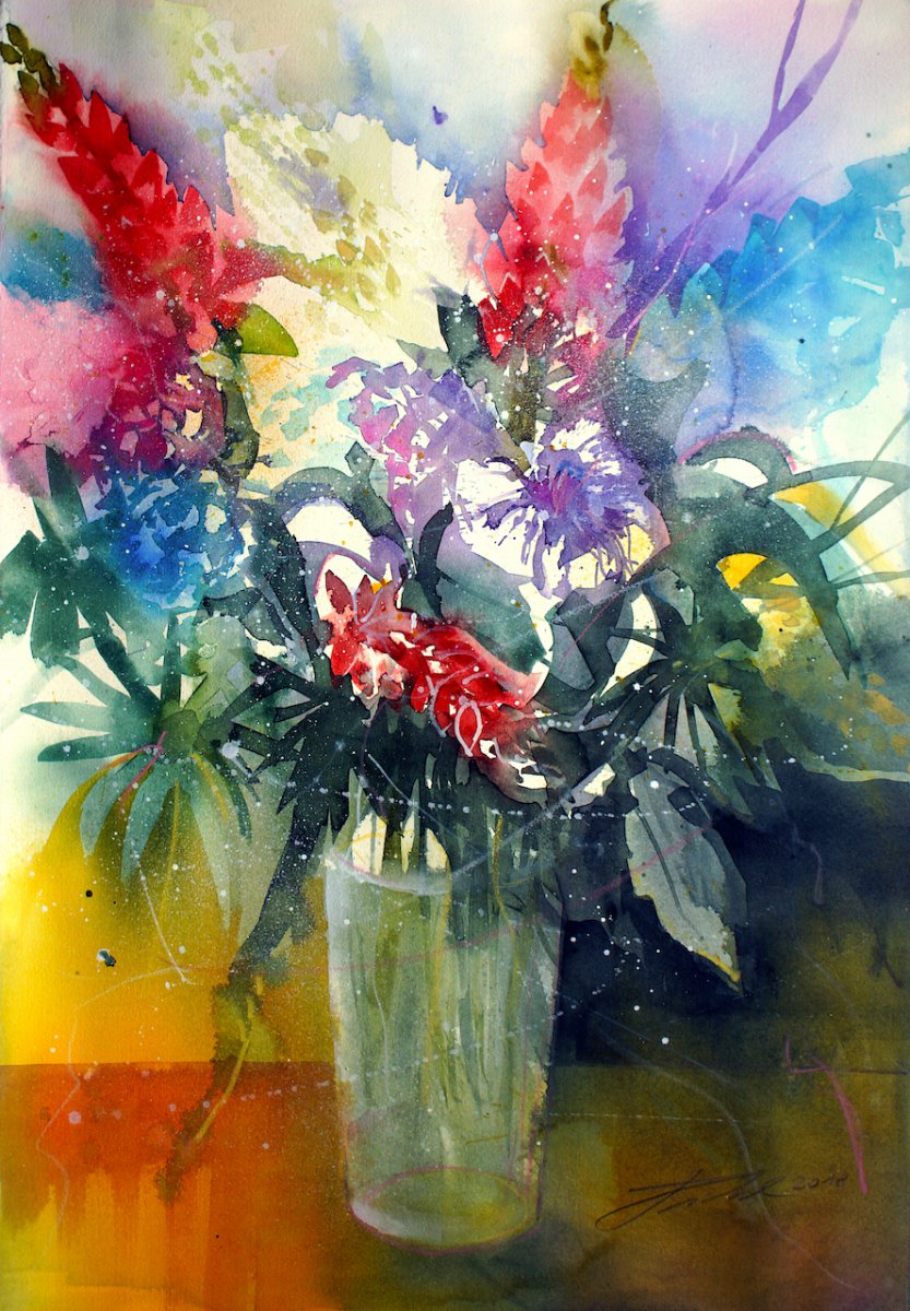 Strauß mit Lupinen in Vase, Aquarell - Johann Pickl