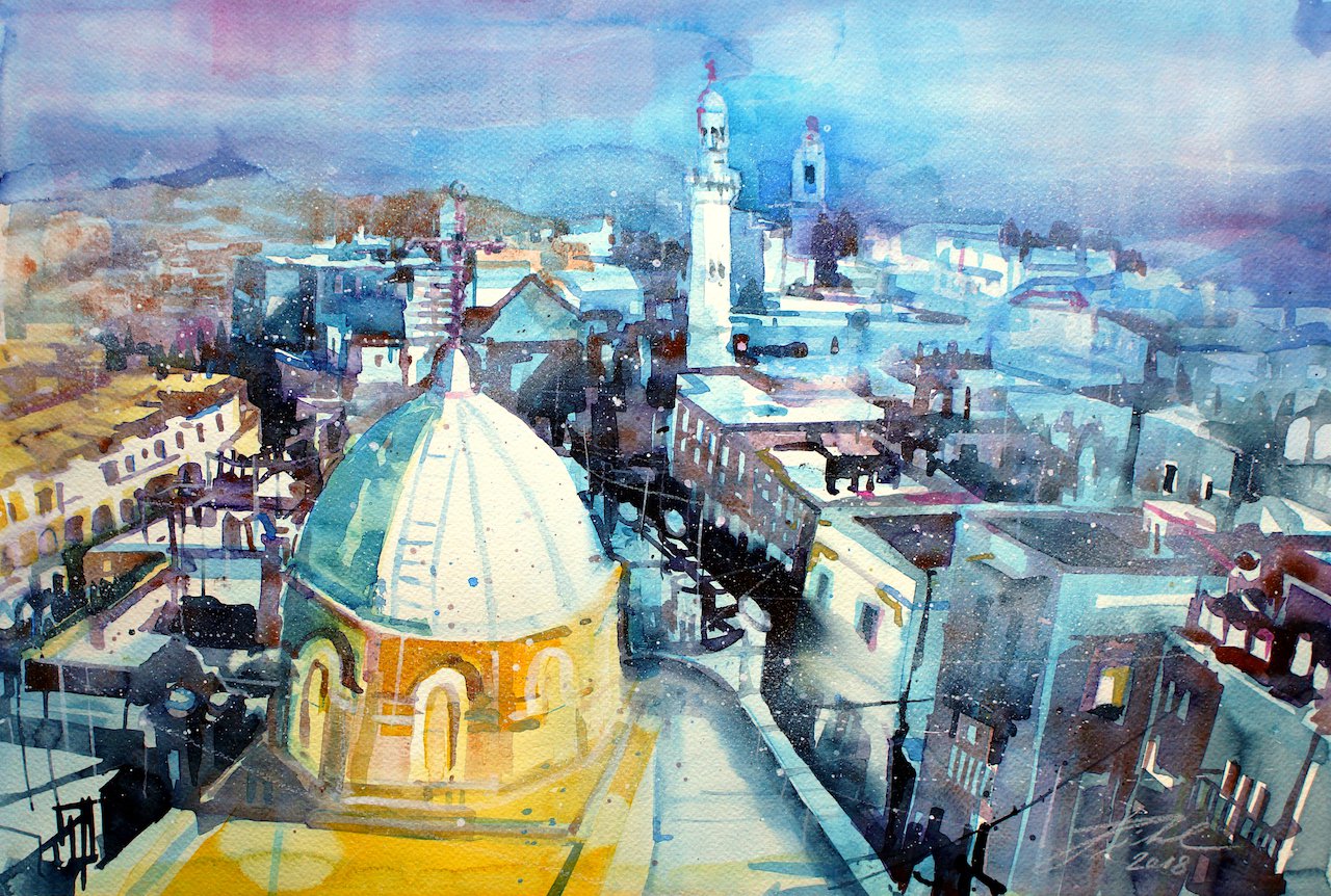 Israel, Bethlehem, Blick von der syrisch orthodoxen Kirche, Aquarell - Johann Pickl