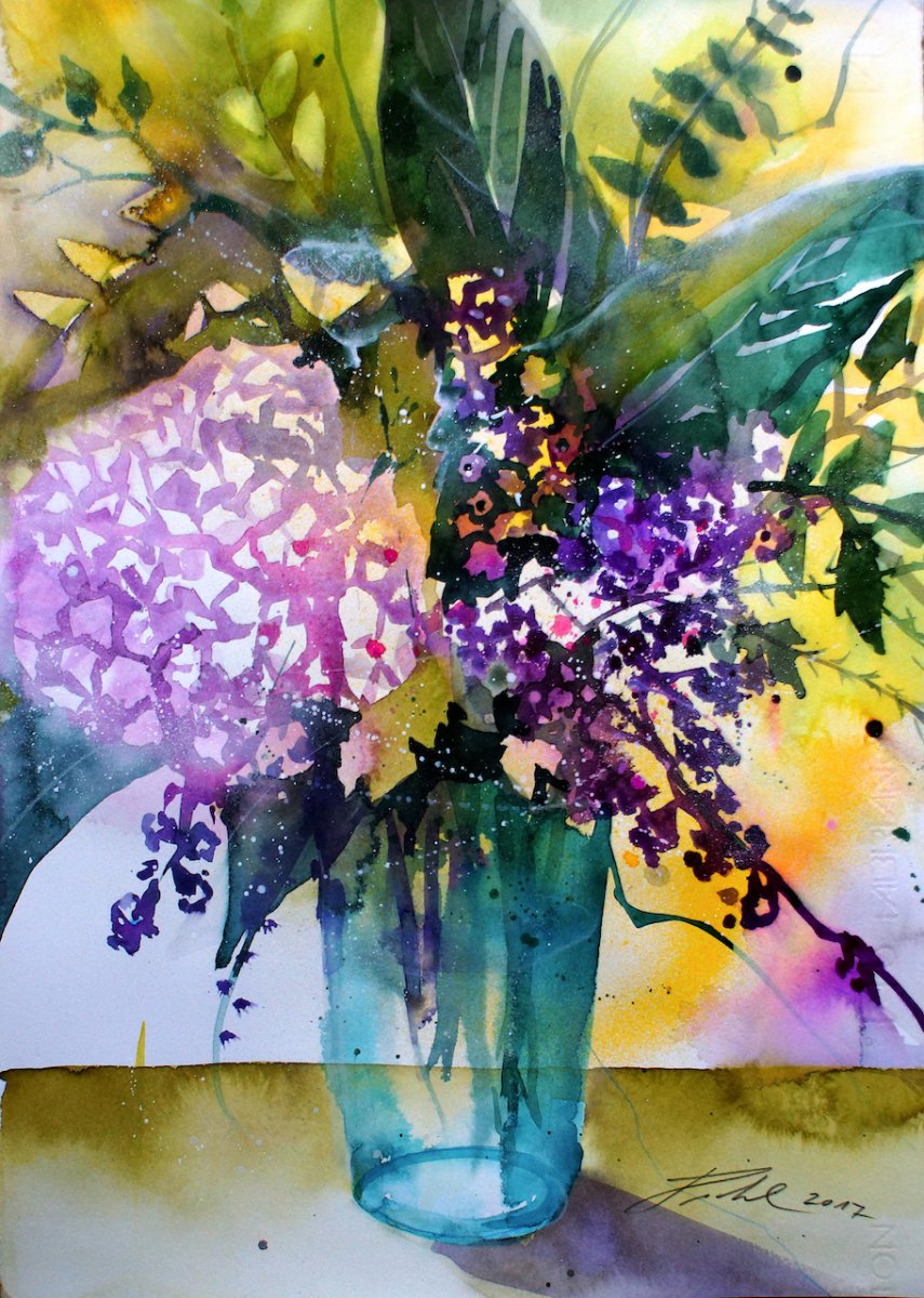 Strauß mit Hortensie in Vase, Aquarell - Johann Pickl